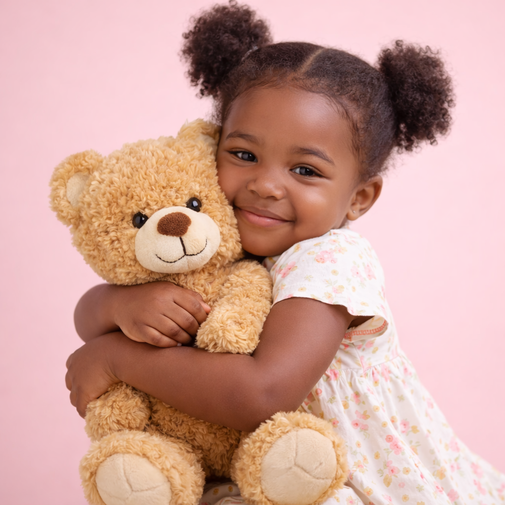 A child hugging their plushie